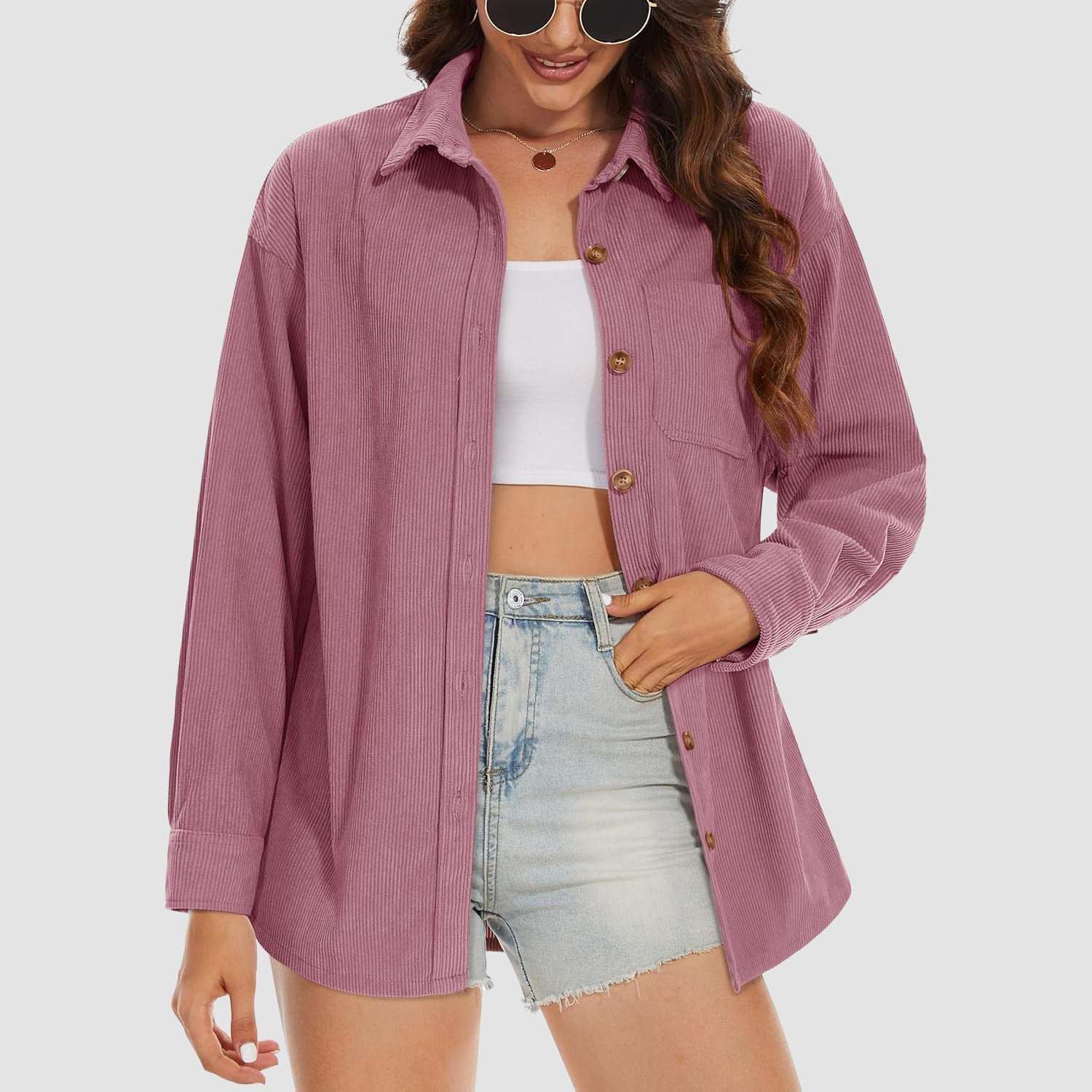 Women's Long Sleeve Corduroy Shirt with Pocket Grey Purple