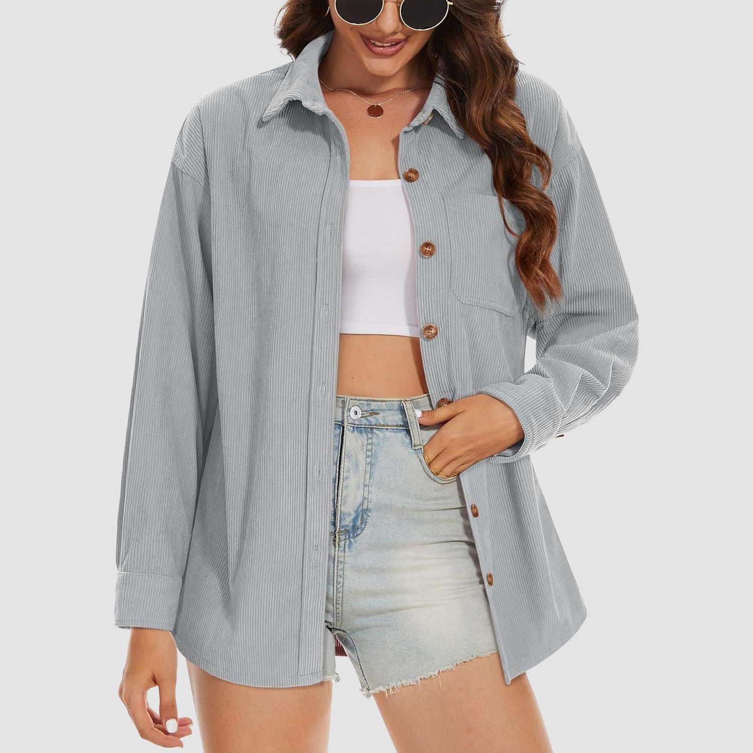Women's Long Sleeve Corduroy Shirt with Pocket Light Grey