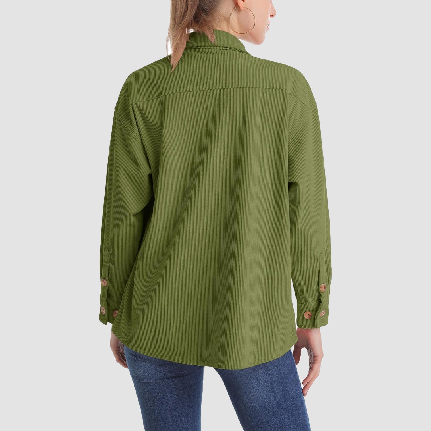 Women's Long Sleeve Corduroy Shirt with Pocket Army Green