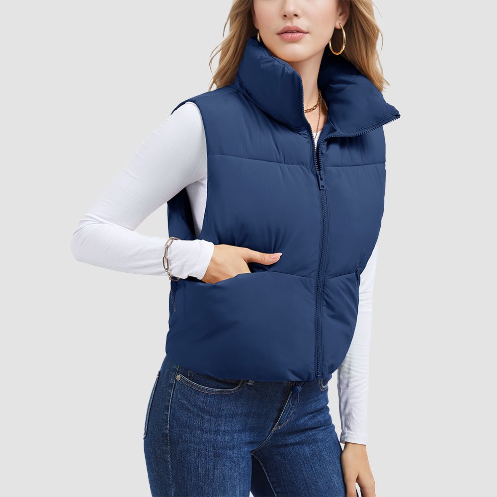 Dark Blue Women's Cropped Puffer Vest Lightweight Winter Outerwear - MAGCOMSEN