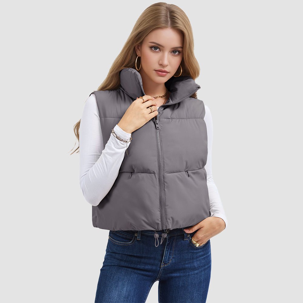 Grey Purple Women's Cropped Puffer Vest Lightweight Winter Outerwear - MAGCOMSEN