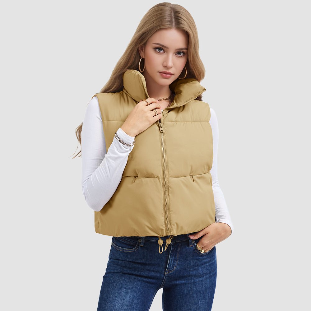 Dark Khaki Women's Cropped Puffer Vest Lightweight Winter Outerwear - MAGCOMSEN