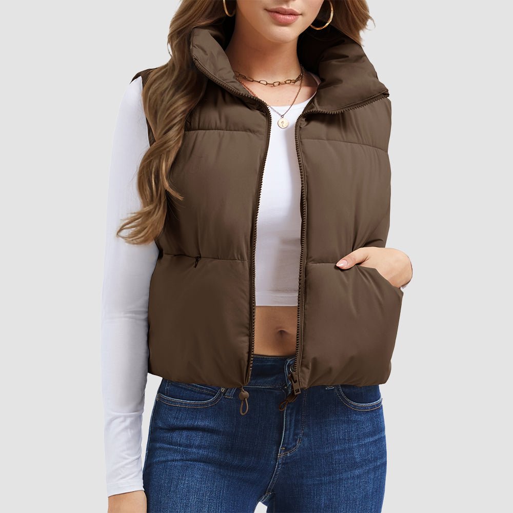 Dark Brown Women's Cropped Puffer Vest Lightweight Winter Outerwear - MAGCOMSEN