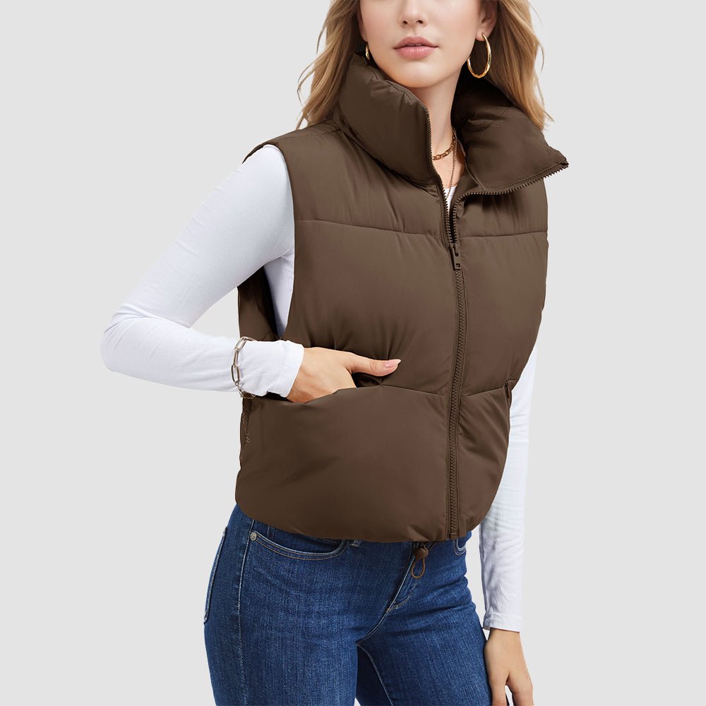 Dark Brown Women's Cropped Puffer Vest Lightweight Winter Outerwear - MAGCOMSEN