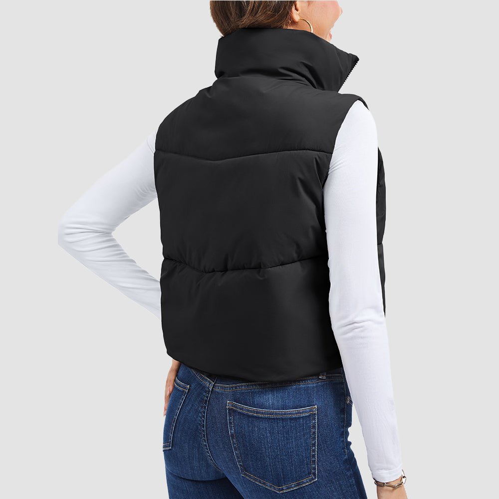 Black Women's Cropped Puffer Vest Lightweight Winter Outerwear - MAGCOMSEN