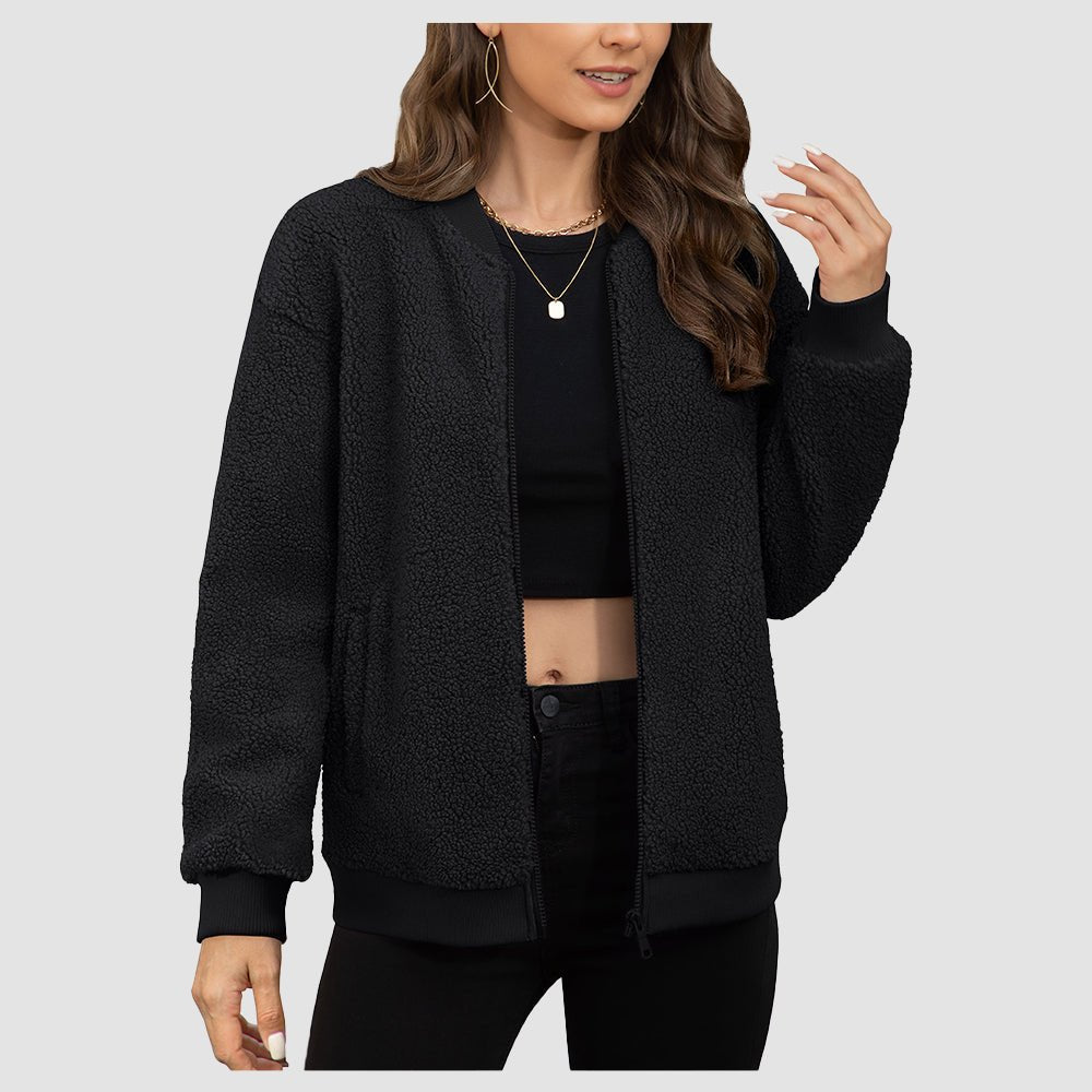 Black Women's Cropped Sherpa Bomber Jacket - Warm Zip Up Teddy Fleece Coat - MAGCOMSEN