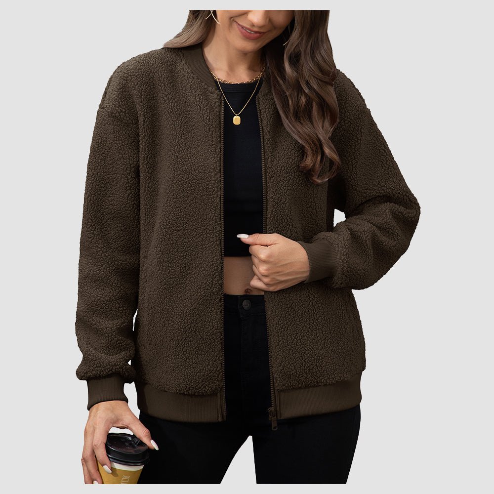 Brown Women's Cropped Sherpa Bomber Jacket - Warm Zip Up Teddy Fleece Coat - MAGCOMSEN
