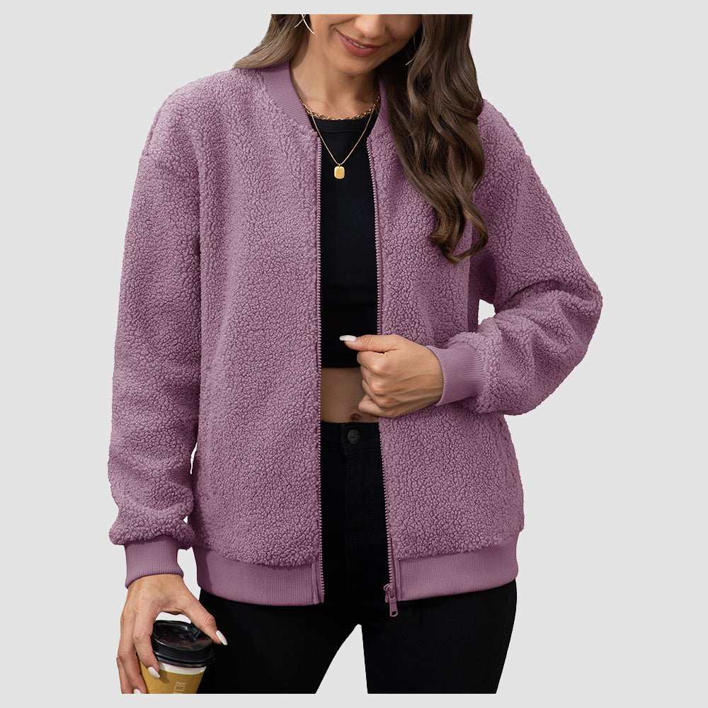 Grey Purple Women's Cropped Sherpa Bomber Jacket - Warm Zip Up Teddy Fleece Coat - MAGCOMSEN