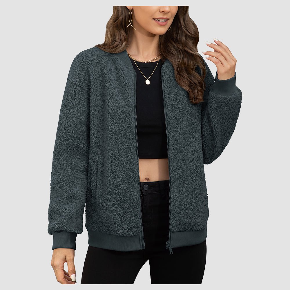 Dark Grey Women's Cropped Sherpa Bomber Jacket - Warm Zip Up Teddy Fleece Coat - MAGCOMSEN