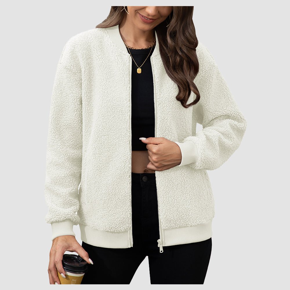 Beige Women's Cropped Sherpa Bomber Jacket - Warm Zip Up Teddy Fleece Coat - MAGCOMSEN