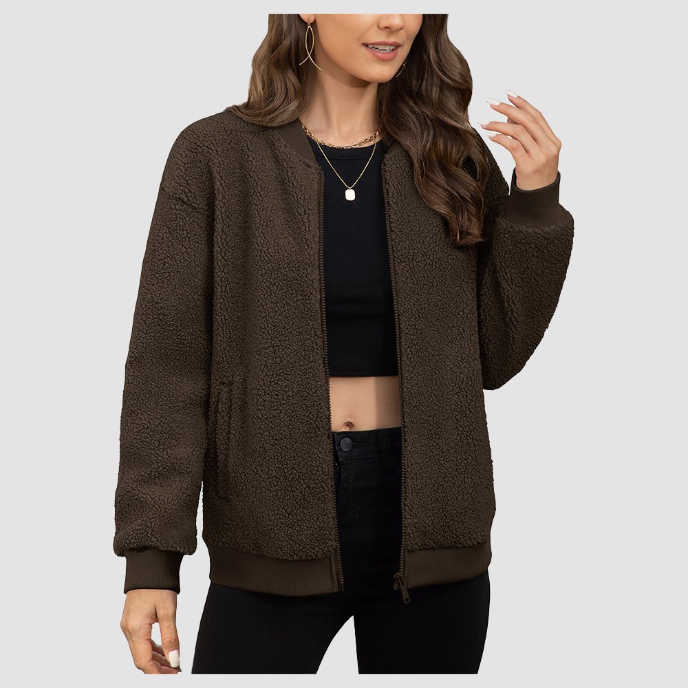 Brown Women's Cropped Sherpa Bomber Jacket - Warm Zip Up Teddy Fleece Coat - MAGCOMSEN