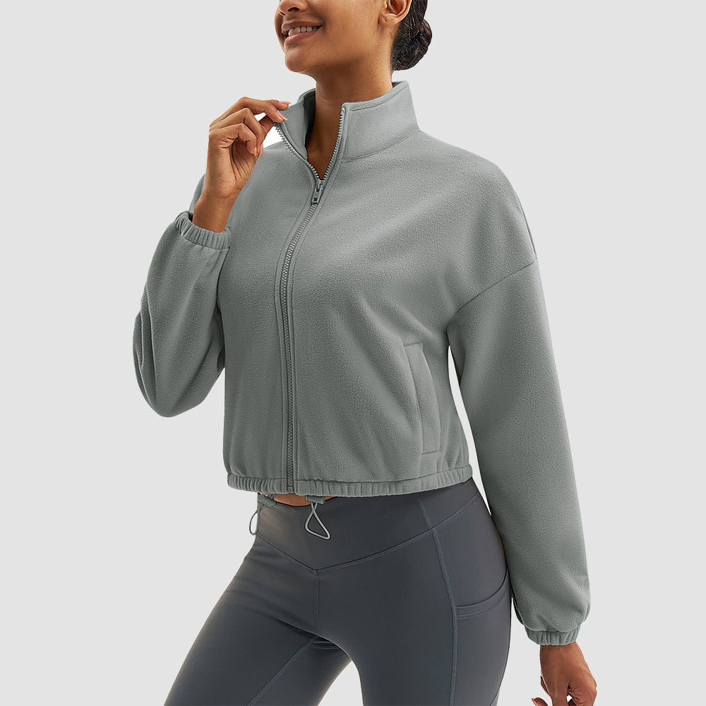 Light Grey Women's Cropped Sherpa Fleece Jacket - Full Zip Stand Collar Winter Coat - MAGCOMSEN