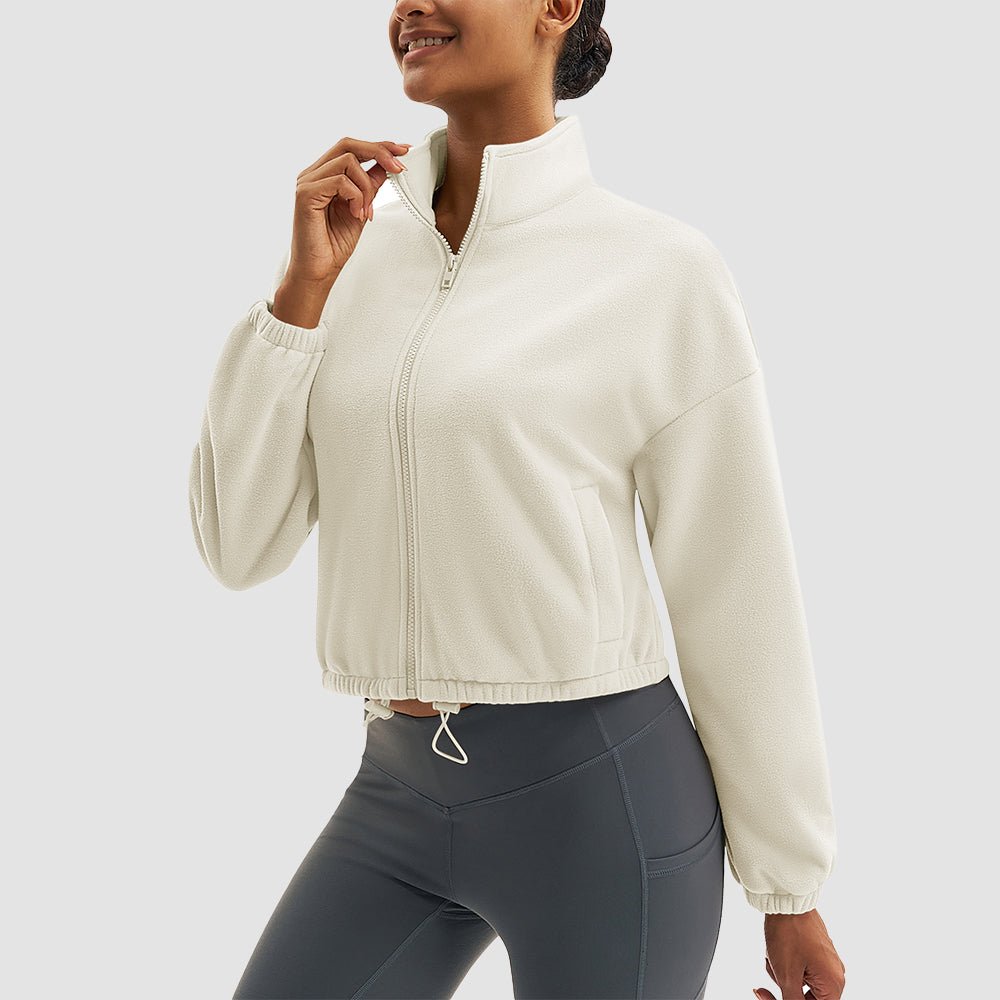 Beige Women's Cropped Sherpa Fleece Jacket - Full Zip Stand Collar Winter Coat - MAGCOMSEN
