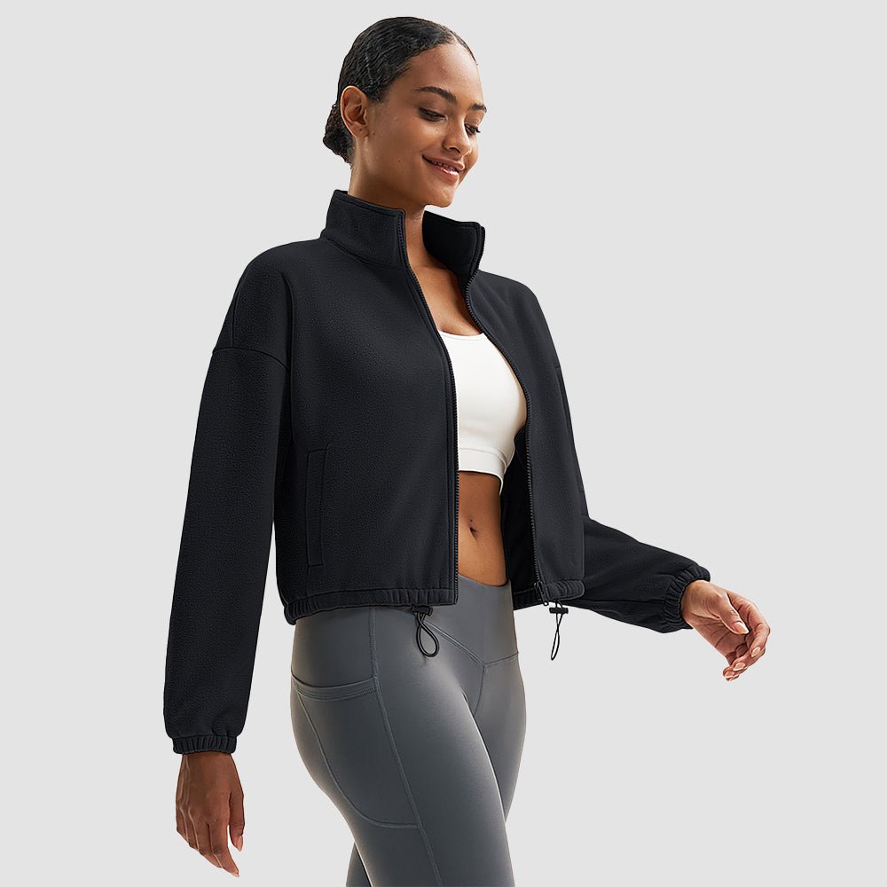 Black Women's Cropped Sherpa Fleece Jacket - Full Zip Stand Collar Winter Coat - MAGCOMSEN