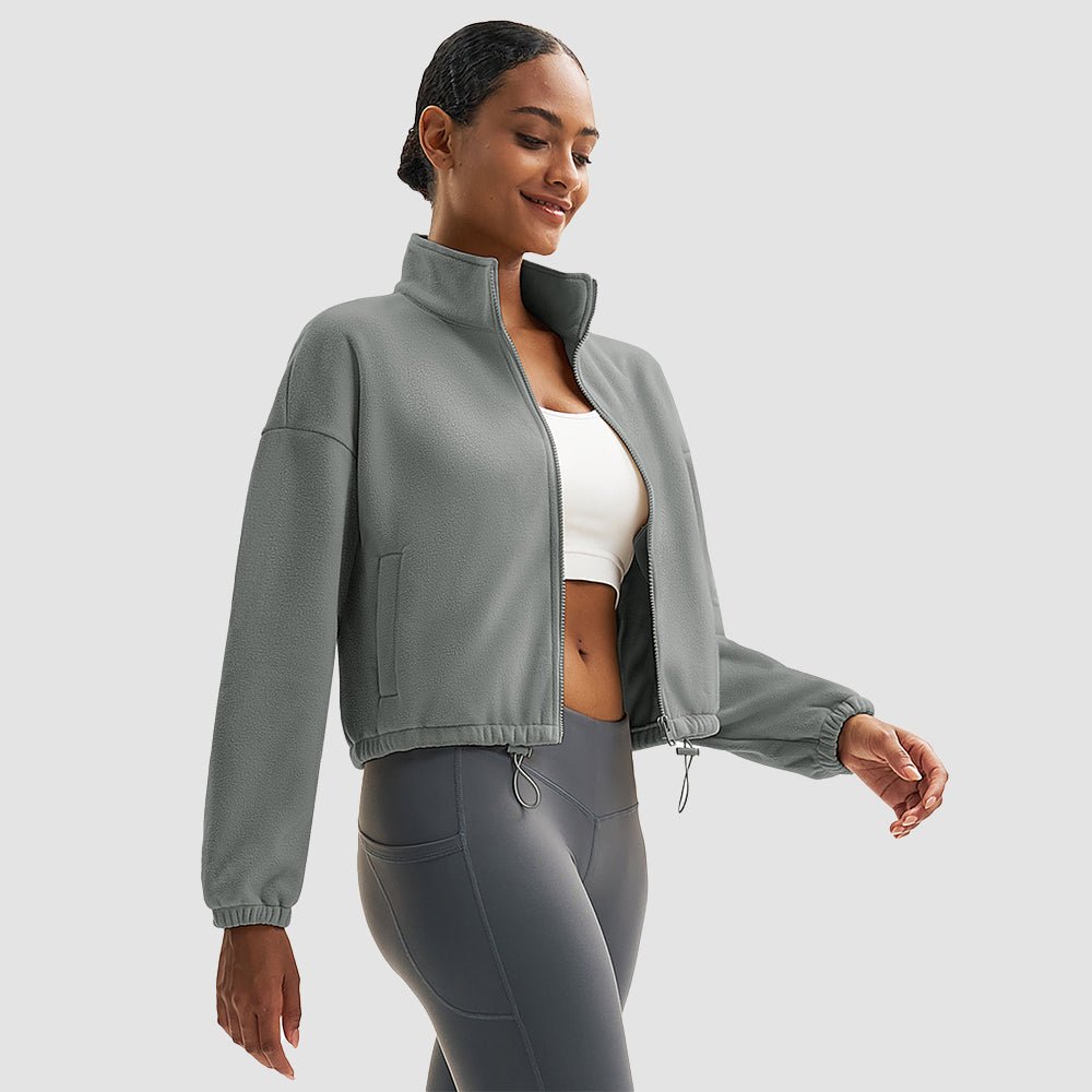 Light Grey Women's Cropped Sherpa Fleece Jacket - Full Zip Stand Collar Winter Coat - MAGCOMSEN