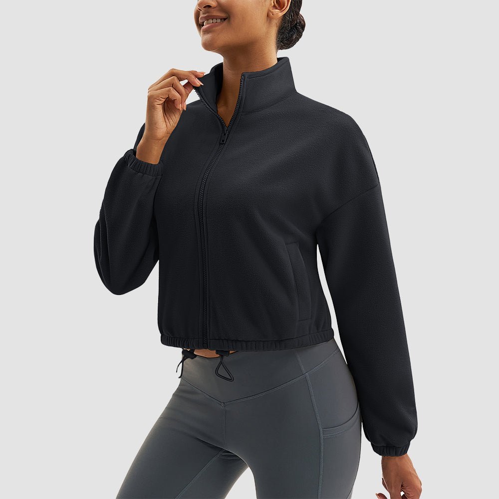 Black Women's Cropped Sherpa Fleece Jacket - Full Zip Stand Collar Winter Coat - MAGCOMSEN