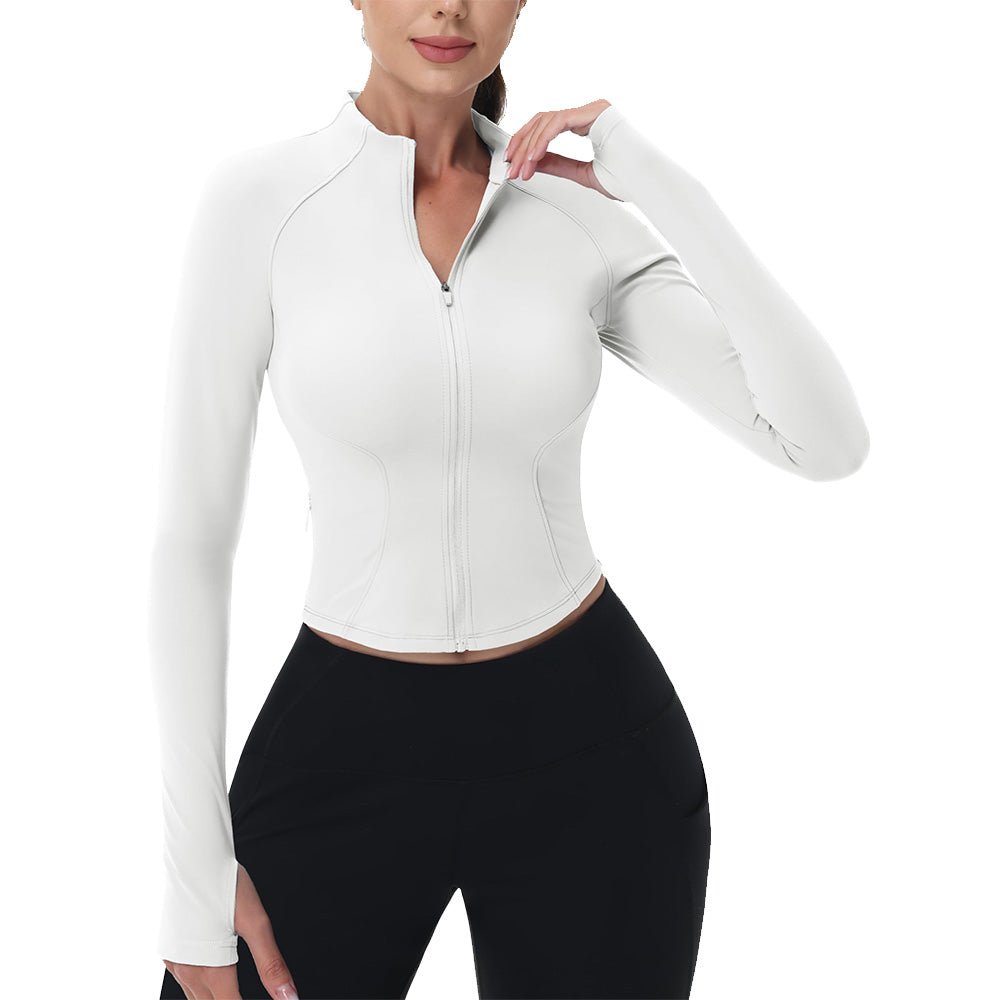 White Women's Cropped Zip Up Workout Jacket - Slim Fit Lightweight Yoga Running Top - MAGCOMSEN