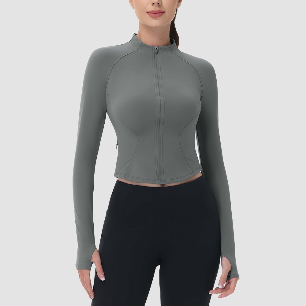 Medium Gray Women's Cropped Zip Up Workout Jacket - Slim Fit Lightweight Yoga Running Top - MAGCOMSEN