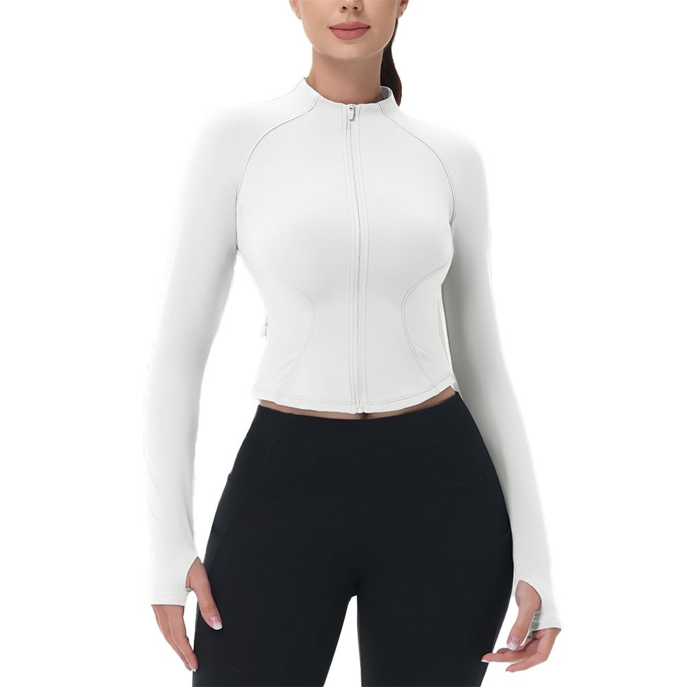 White Women's Cropped Zip Up Workout Jacket - Slim Fit Lightweight Yoga Running Top - MAGCOMSEN