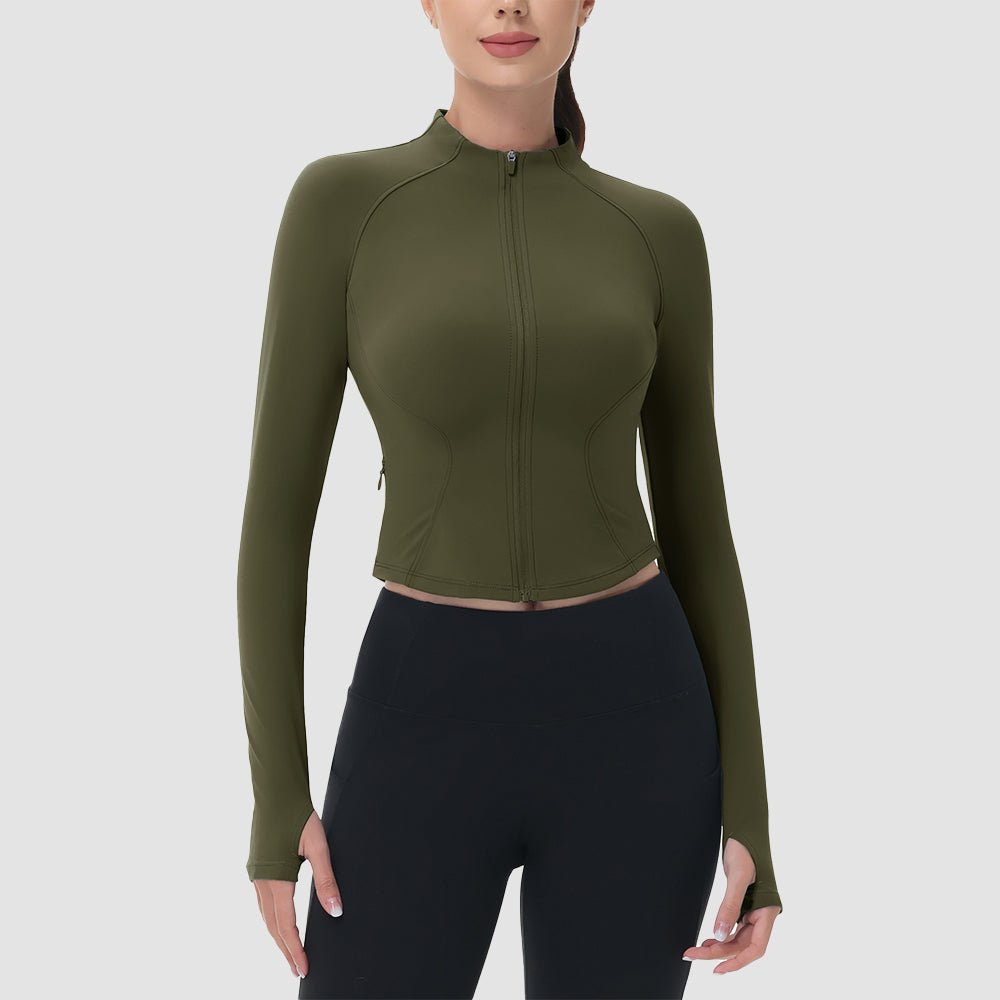 Medium Gray Women's Cropped Zip Up Workout Jacket - Slim Fit Lightweight Yoga Running Top - MAGCOMSEN