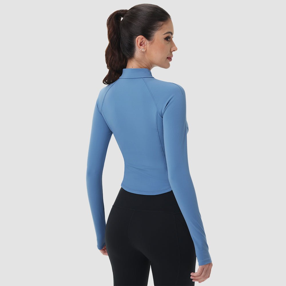 Medium Gray Women's Cropped Zip Up Workout Jacket - Slim Fit Lightweight Yoga Running Top - MAGCOMSEN