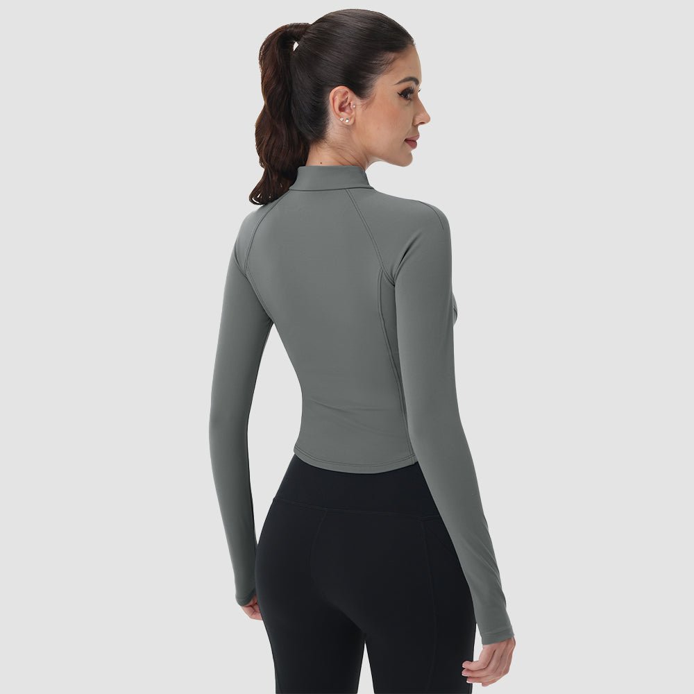 Medium Gray Women's Cropped Zip Up Workout Jacket - Slim Fit Lightweight Yoga Running Top - MAGCOMSEN