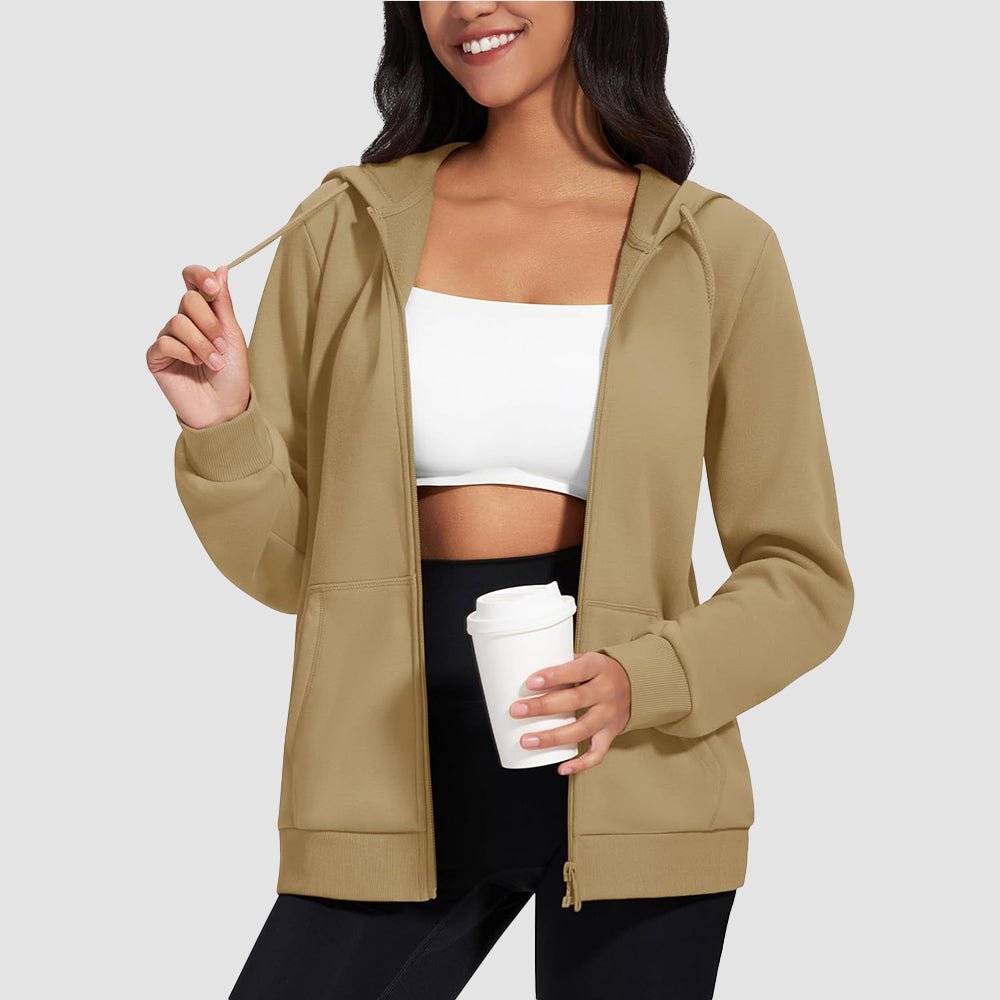 Khaki Women's Fleece Jacket - Full Zip, Hood & Pockets - MAGCOMSEN