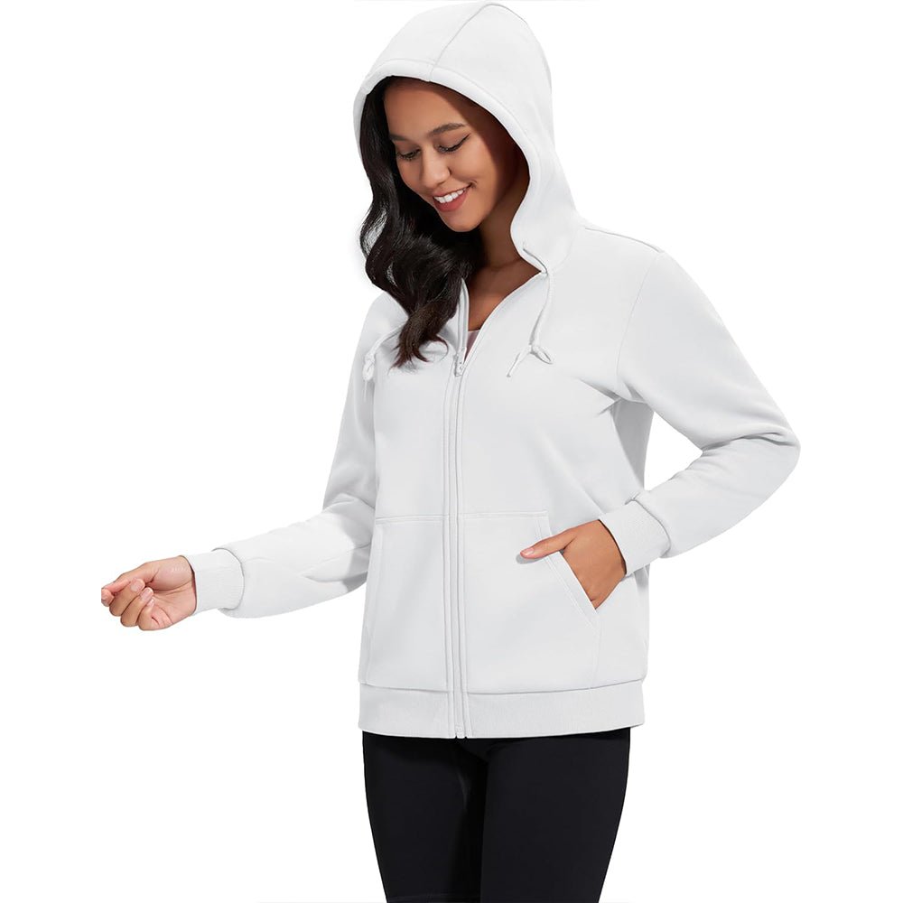 White Women's Fleece Jacket - Full Zip, Hood & Pockets - MAGCOMSEN
