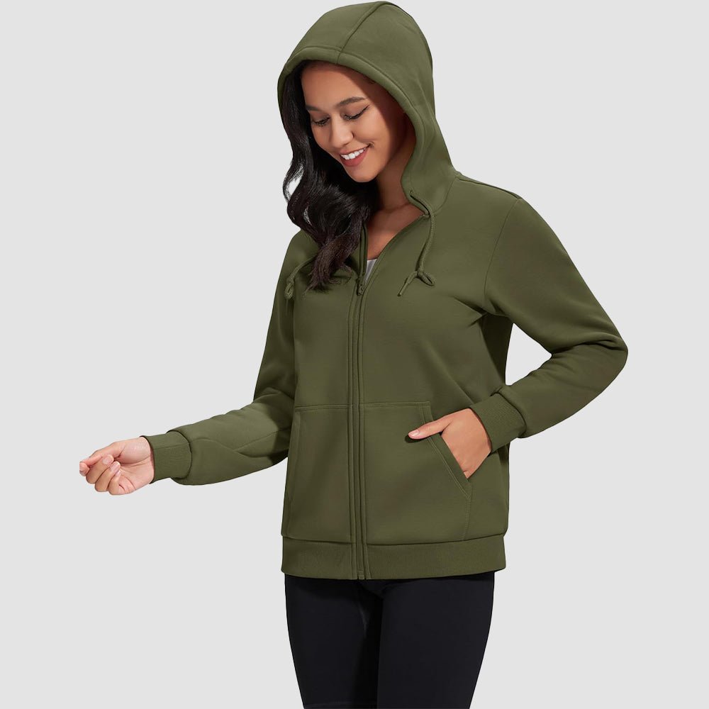 Army Green Women's Fleece Jacket - Full Zip, Hood & Pockets - MAGCOMSEN
