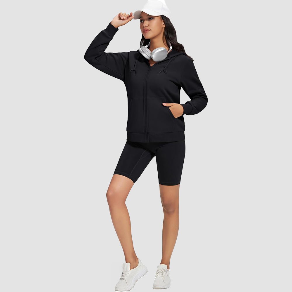 Black Women's Fleece Jacket - Full Zip, Hood & Pockets - MAGCOMSEN