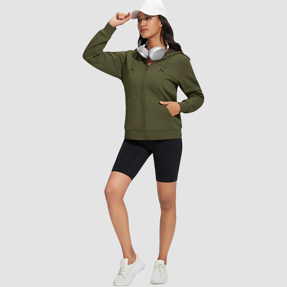 Army Green Women's Fleece Jacket - Full Zip, Hood & Pockets - MAGCOMSEN