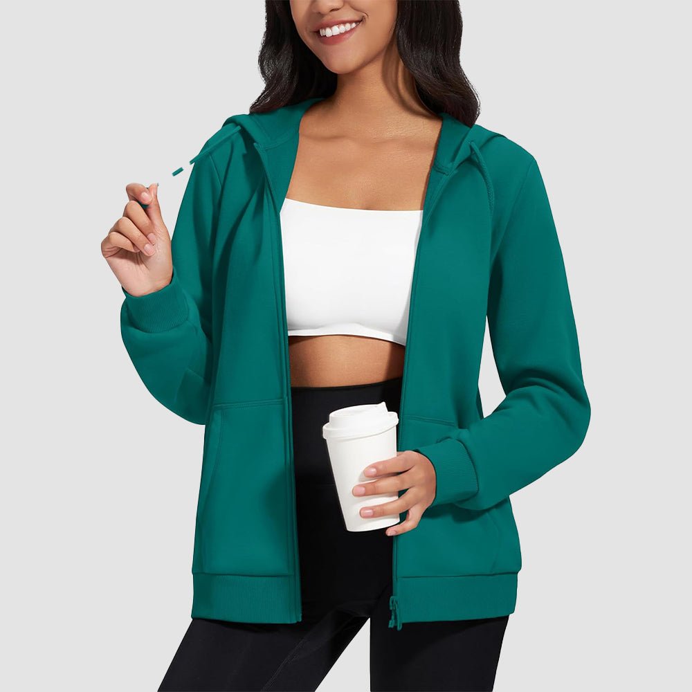 Jade Green Women's Fleece Jacket - Full Zip, Hood & Pockets - MAGCOMSEN