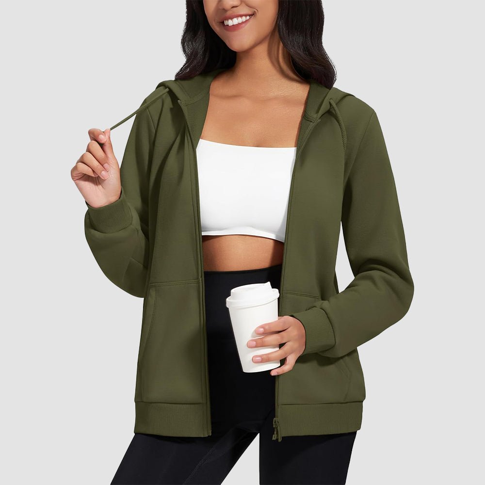 Army Green Women's Fleece Jacket - Full Zip, Hood & Pockets - MAGCOMSEN