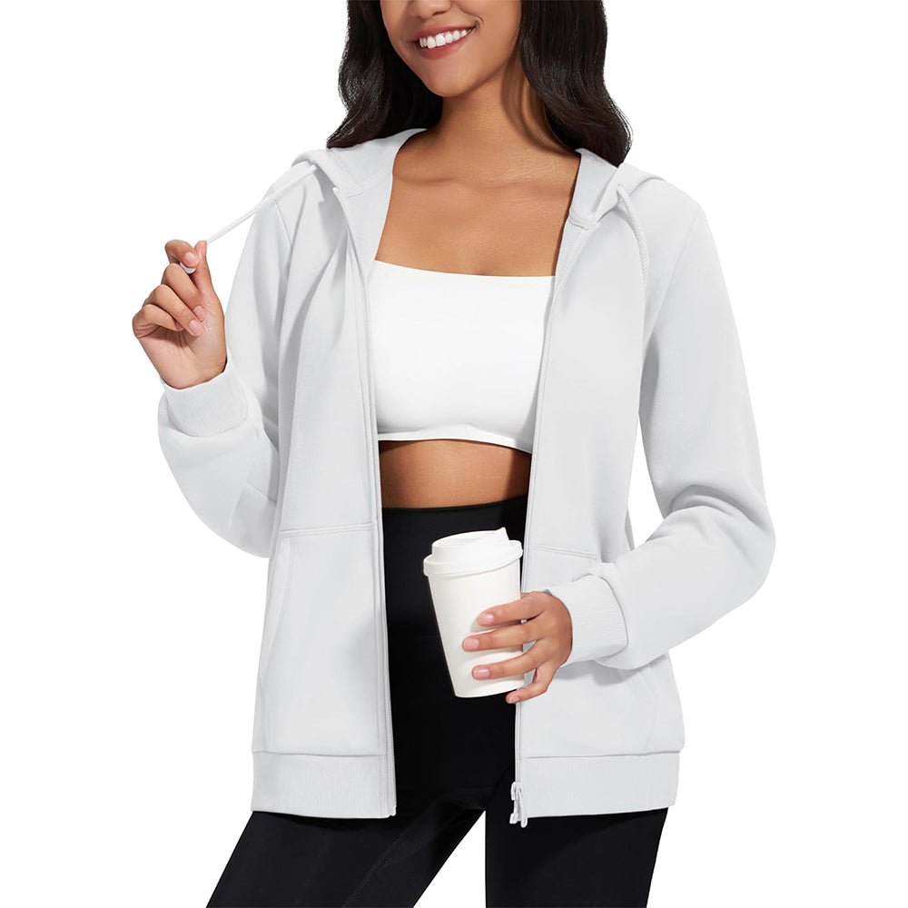 White Women's Fleece Jacket - Full Zip, Hood & Pockets - MAGCOMSEN