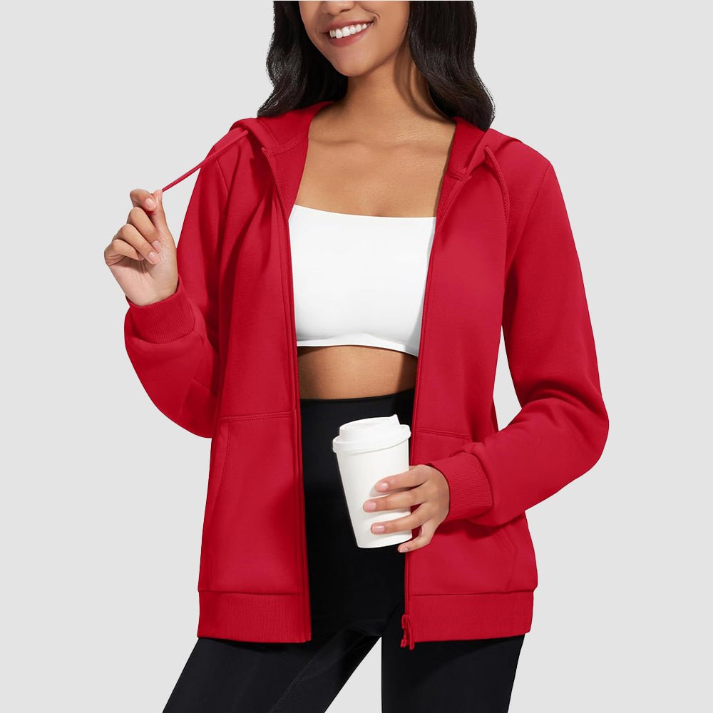 Red Women's Fleece Jacket - Full Zip, Hood & Pockets - MAGCOMSEN