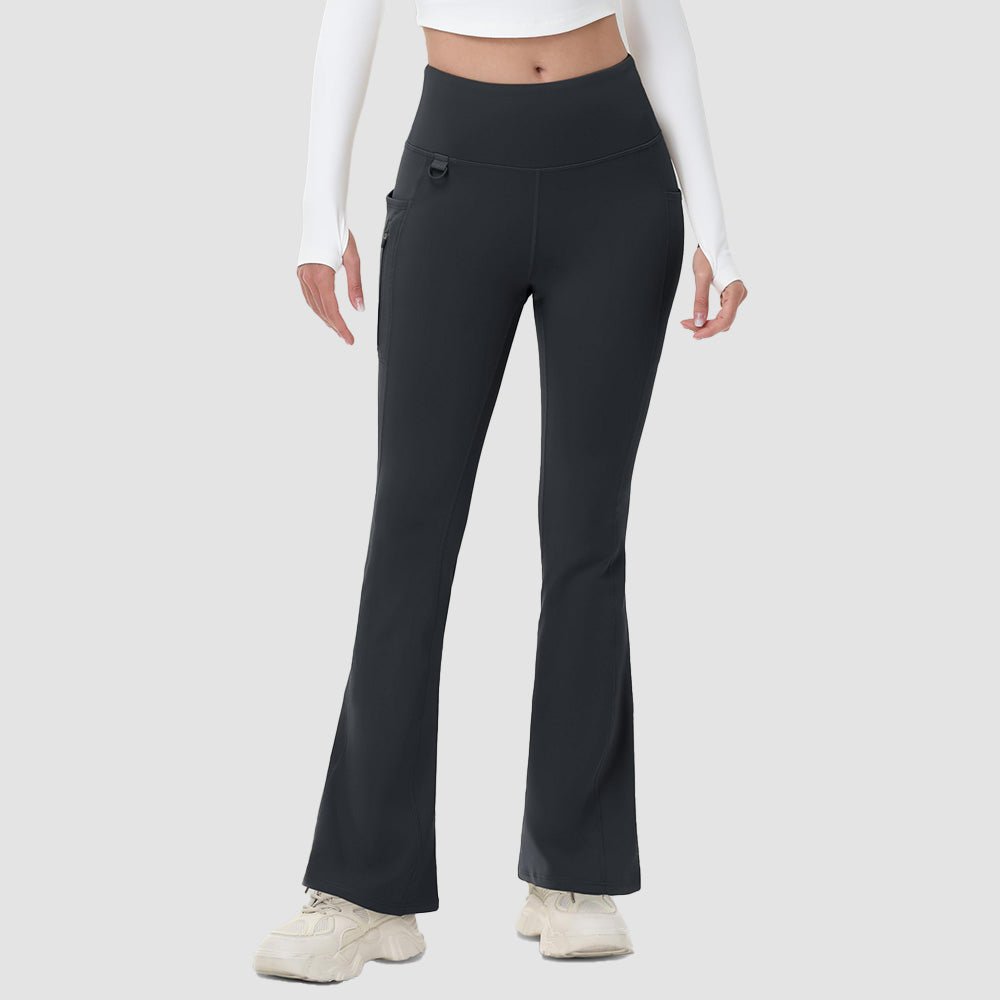 Black Women's Fleece Lined Flare Leggings - Waterproof Winter Hiking Pants with Pockets - MAGCOMSEN