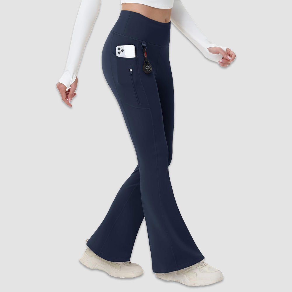 Navy Women's Fleece Lined Flare Leggings - Waterproof Winter Hiking Pants with Pockets - MAGCOMSEN
