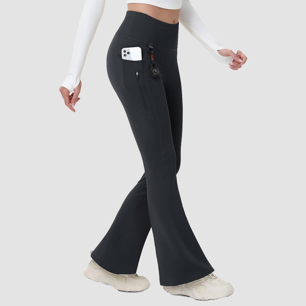 Black Women's Fleece Lined Flare Leggings - Waterproof Winter Hiking Pants with Pockets - MAGCOMSEN