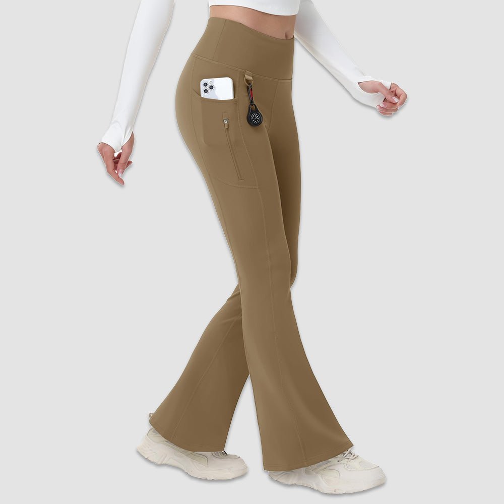 Light Brown Women's Fleece Lined Flare Leggings - Waterproof Winter Hiking Pants with Pockets - MAGCOMSEN