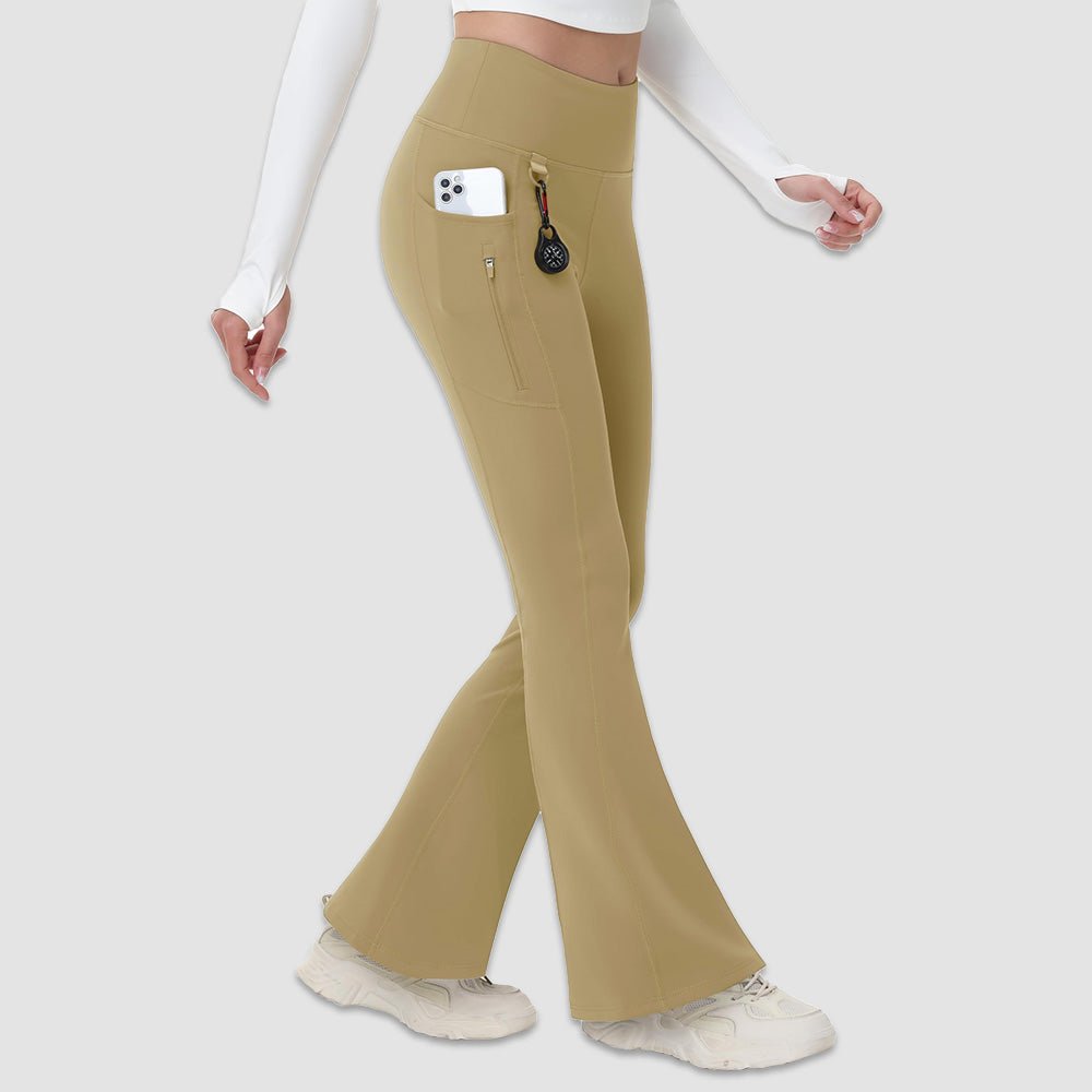 Khaki Women's Fleece Lined Flare Leggings - Waterproof Winter Hiking Pants with Pockets - MAGCOMSEN