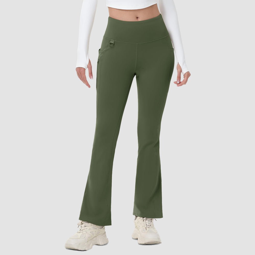 Army Green Women's Fleece Lined Flare Leggings - Waterproof Winter Hiking Pants with Pockets - MAGCOMSEN