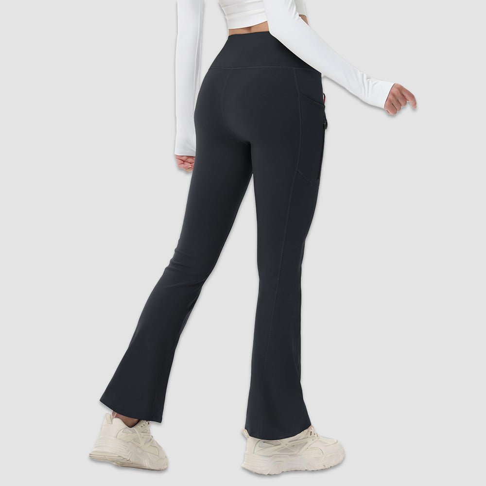 Black Women's Fleece Lined Flare Leggings - Waterproof Winter Hiking Pants with Pockets - MAGCOMSEN