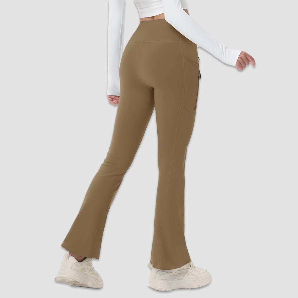 Light Brown Women's Fleece Lined Flare Leggings - Waterproof Winter Hiking Pants with Pockets - MAGCOMSEN