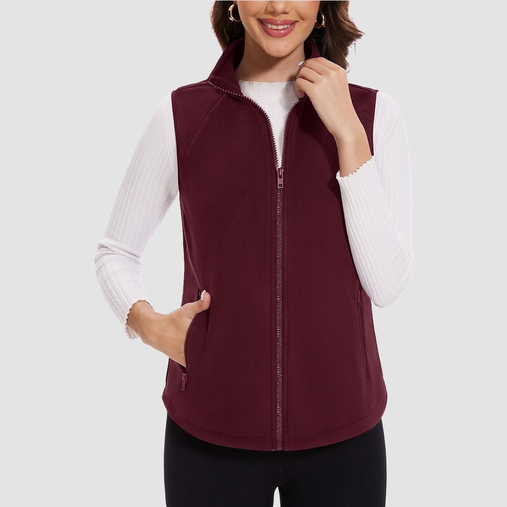 Wine Red Women's Fleece Vest Sleeveless Lightweight Warmth Jackets - MAGCOMSEN