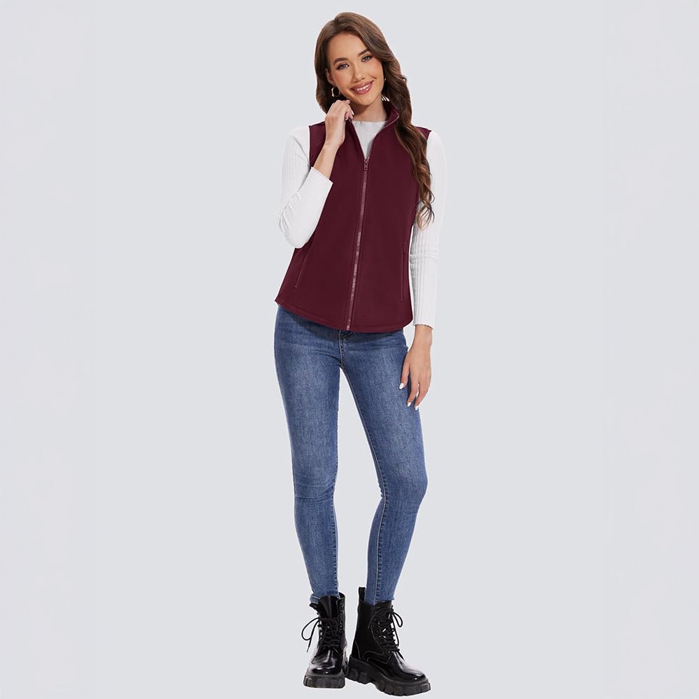 Wine Red Women's Fleece Vest Sleeveless Lightweight Warmth Jackets - MAGCOMSEN