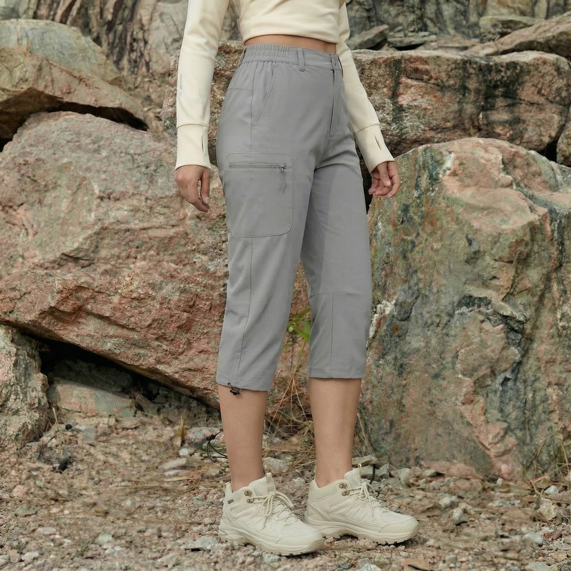 Women's Lightweight Water - Resistant Hiking Capris with 5 Pockets Light Grey by MAGCOMSEN