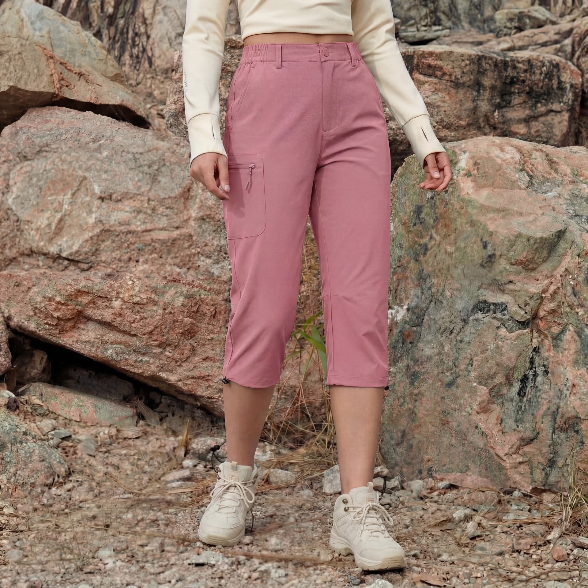 Women's Lightweight Water - Resistant Hiking Capris with 5 Pockets Grey Pink by MAGCOMSEN