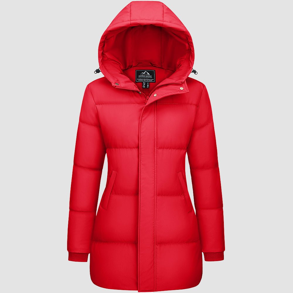 Tomato Red Women's Long Down Parka Waterproof Hooded Winter Puffer Coat - MAGCOMSEN
