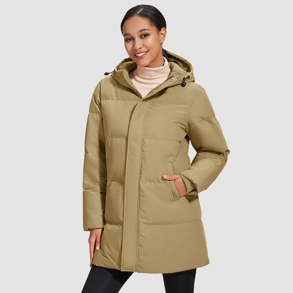 Khaki Women's Long Down Parka Waterproof Hooded Winter Puffer Coat - MAGCOMSEN