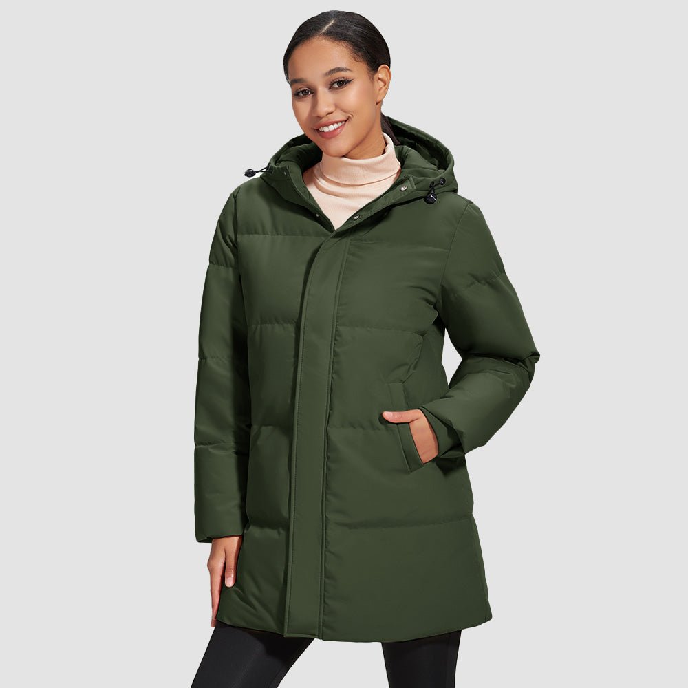 Army Green Women's Long Down Parka Waterproof Hooded Winter Puffer Coat - MAGCOMSEN